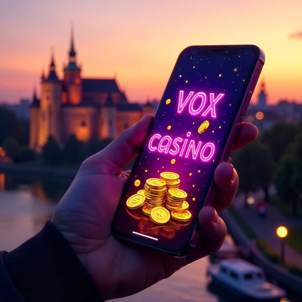 A hand holding a premium smartphone showing Vox Casino app, background featuring the Wawel Royal Castle in Krakow at golden hour, official brand neon purple and deep black colors, 3D golden coins and neon slot symbols flying out of the screen, hyper-reali